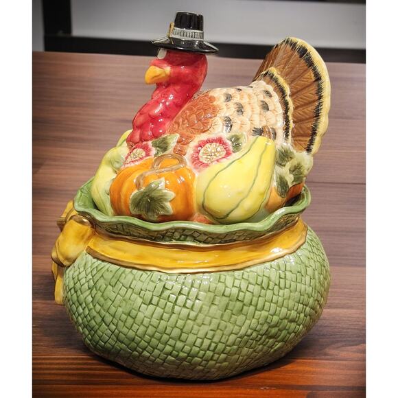 Fitz and Floyd Seasonal Cookie Jar Turkey in Pot of Gourds & Flowers LARGE EUC - Picture 3 of 10
